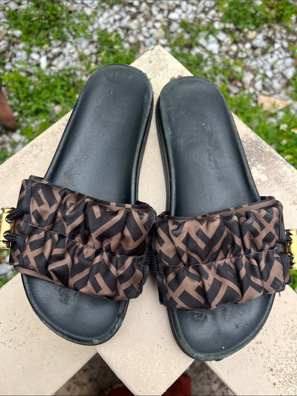 Fendi Zucca Print Brown and Black Patterned Ruched Slides